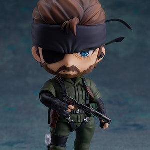 Close-up of Naked Snake Nendoroid figure in a close-quarters combat pose with tactical gear detail.