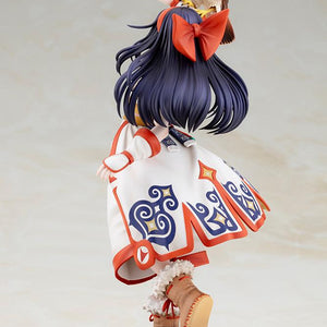 Rear three-quarter view of Nakoruru 1/8 figure highlighting the intricate blue and red coat pattern and large red hair bow