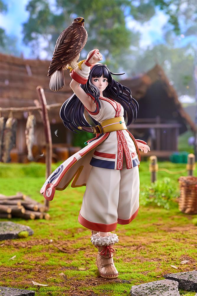 Full figure shot of Nakoruru standing on green grass in a natural village diorama setting