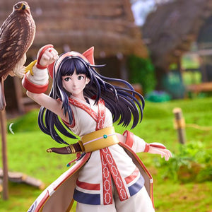 Mid-shot view of Nakoruru figure under warm outdoor lighting with an Ainu-style village backdrop