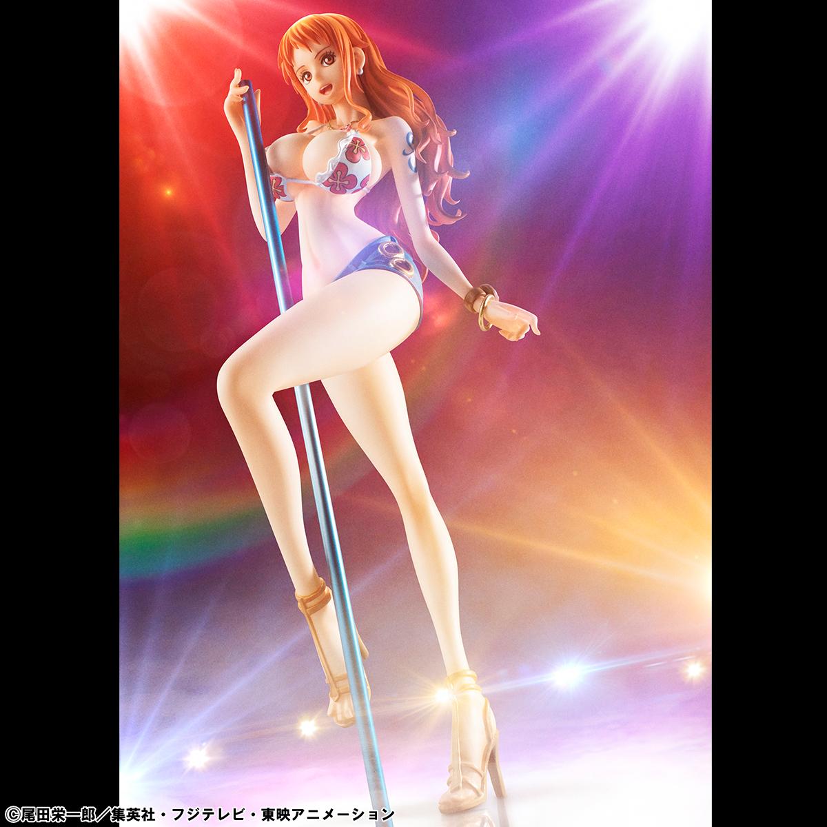 High-angle shot of the Portrait of Pirates Nami New Ver. figure, showcasing the meticulous detail from her orange hair down to her sandals.