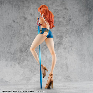Direct rear view of the limited edition Nami figure showcasing the detailed sculpt of her long hair, bikini top straps, and denim hot pants.