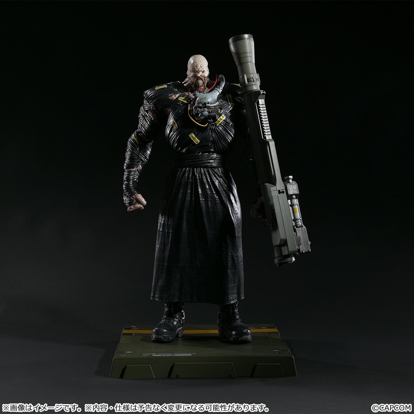 Nemesis figure displayed with the interchangeable rocket launcher arm accessory, recreating his iconic look from the Resident Evil 3 video game.