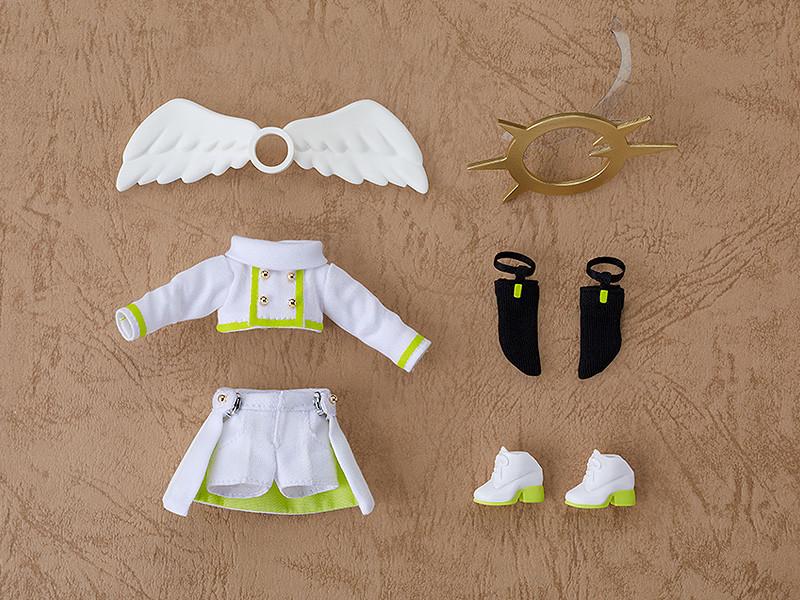 Flat lay of the included accessories for the Angel: Ciel Nendoroid Doll, showing the removable angel wings, halo, top, layered shorts, black socks, and magnetic short boots.