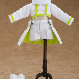 The white and neon green cloth outfit for the Angel: Ciel Nendoroid Doll displayed on a miniature black mannequin stand, with short white boots alongside.