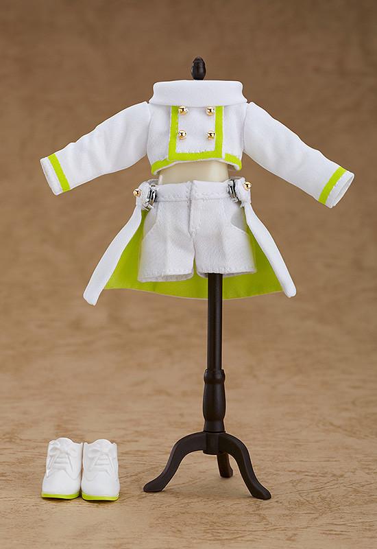 The white and neon green cloth outfit for the Angel: Ciel Nendoroid Doll displayed on a miniature black mannequin stand, with short white boots alongside.