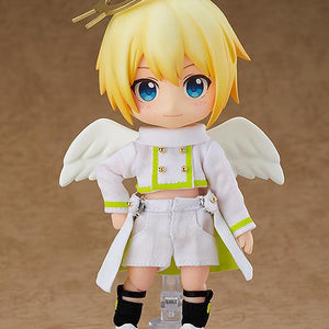 Front view of the Nendoroid Doll Angel: Ciel standing on his articulated magnetic base, wearing his full angel outfit against a tan background.