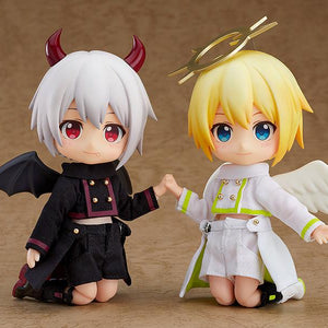 The Nendoroid Doll Angel: Ciel smiling, kneeling, and holding hands with a matching demon Nendoroid Doll character against a tan background.