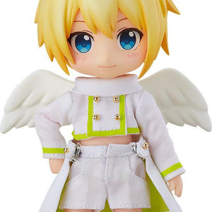 Front view of the Nendoroid Doll Angel: Ciel action figure wearing his white and neon green cloth outfit with angel wings and halo on a white background.