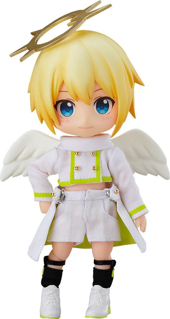 Front view of the Nendoroid Doll Angel: Ciel action figure wearing his white and neon green cloth outfit with angel wings and halo on a white background.