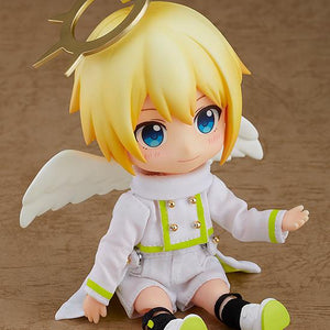 The fully accessorized Angel: Ciel Nendoroid Doll figure sitting down with his legs extended on a tan background.