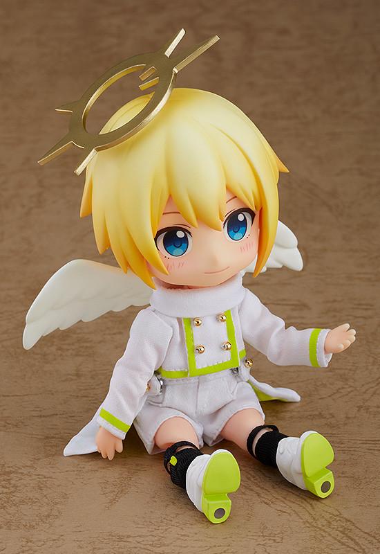 The fully accessorized Angel: Ciel Nendoroid Doll figure sitting down with his legs extended on a tan background.