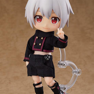 The Berg Nendoroid Doll striking a peace sign pose on one leg, displayed without his removable horns, wings, and outer skirt to show the black shorts underneath.