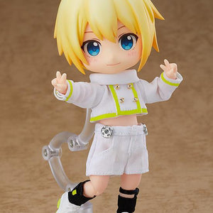 The Ciel Nendoroid Doll striking a peace sign pose on one leg, displayed without his removable halo, wings, and outer skirt to show the shorts underneath.