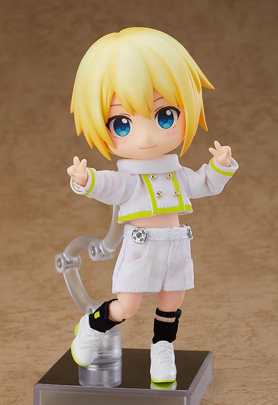 The Ciel Nendoroid Doll striking a peace sign pose on one leg, displayed without his removable halo, wings, and outer skirt to show the shorts underneath.