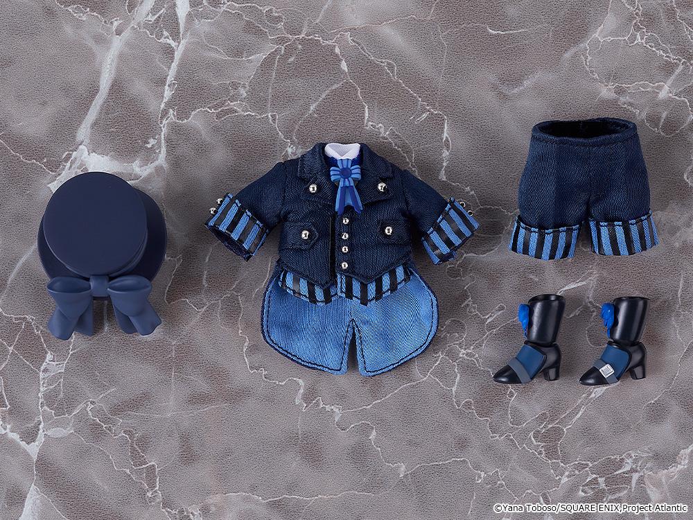 Flat lay layout of Black Butler Ciel Phantomhive Nendoroid Doll outfit accessories including top hat, jacket, shorts, and ribbon boots.