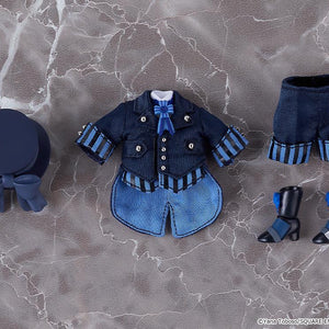Flat lay layout of Black Butler Ciel Phantomhive Nendoroid Doll outfit accessories including top hat, jacket, shorts, and ribbon boots.