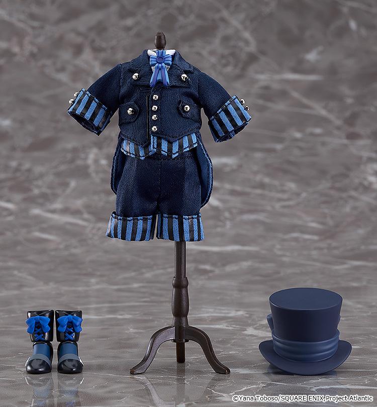Ciel Phantomhive Nendoroid Doll fabric blue coat and shorts displayed on mannequin stand with top hat and boots.