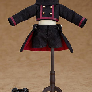 The black and burgundy cloth outfit for the Devil: Berg Nendoroid Doll displayed on a miniature black mannequin stand, with short black boots alongside.