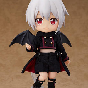Front view of the Nendoroid Doll Devil: Berg standing on his articulated magnetic base, wearing his full devil outfit against a tan background.
