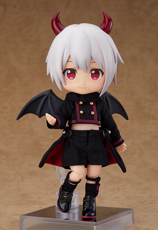 Front view of the Nendoroid Doll Devil: Berg standing on his articulated magnetic base, wearing his full devil outfit against a tan background.