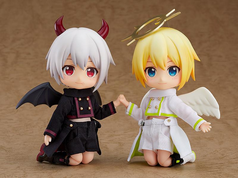 The Nendoroid Doll Devil: Berg smiling, kneeling, and holding hands with the matching Angel: Ciel Nendoroid Doll character against a tan background.