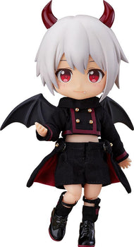 Front view of the Nendoroid Doll Devil: Berg action figure wearing his black and burgundy cloth outfit with red devil horns and bat wings on a white background.