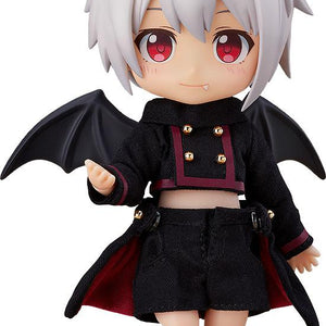 Front view of the Nendoroid Doll Devil: Berg action figure wearing his black and burgundy cloth outfit with red devil horns and bat wings on a white background.