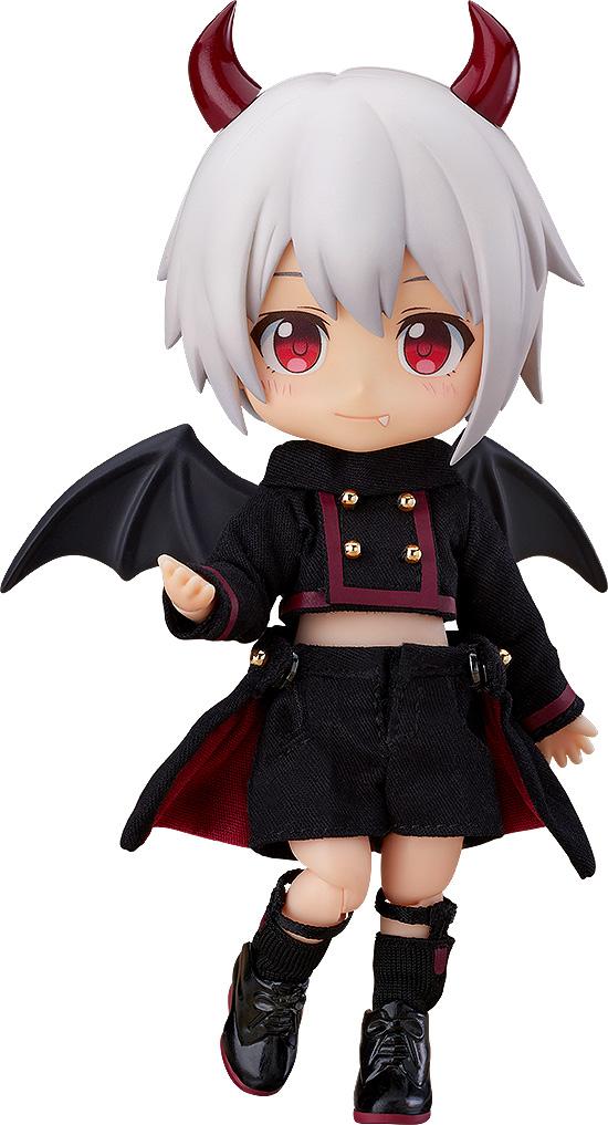 Front view of the Nendoroid Doll Devil: Berg action figure wearing his black and burgundy cloth outfit with red devil horns and bat wings on a white background.