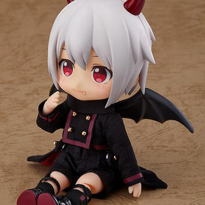 The fully accessorized Devil: Berg Nendoroid Doll figure sitting down with his legs extended on a tan background.