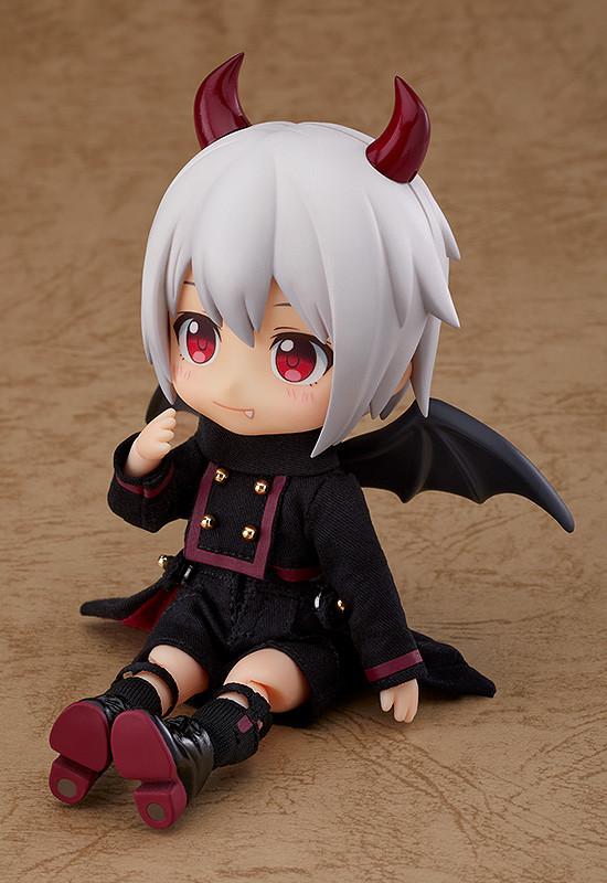 The fully accessorized Devil: Berg Nendoroid Doll figure sitting down with his legs extended on a tan background.