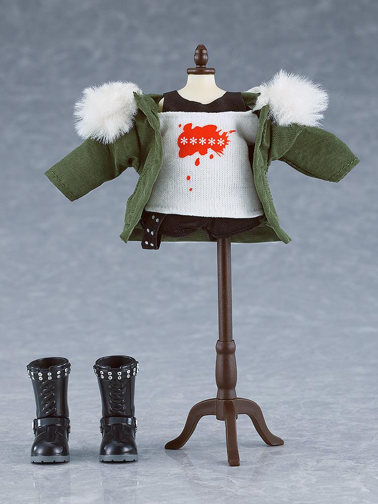 Futaba Sakura Nendoroid Doll outfit displayed on a torso stand including the jacket, top, pants, and boots.