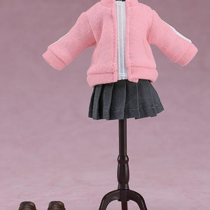 Fabric clothing pieces of the Hitori Gotoh Nendoroid Doll displayed on a miniature black apparel mannequin stand with brown loafer shoes underneath.