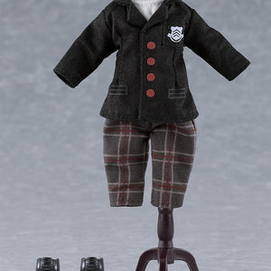 Shujin Academy school uniform cloth outfit displayed on a miniature Nendoroid Doll mannequin stand with magnetic shoes.