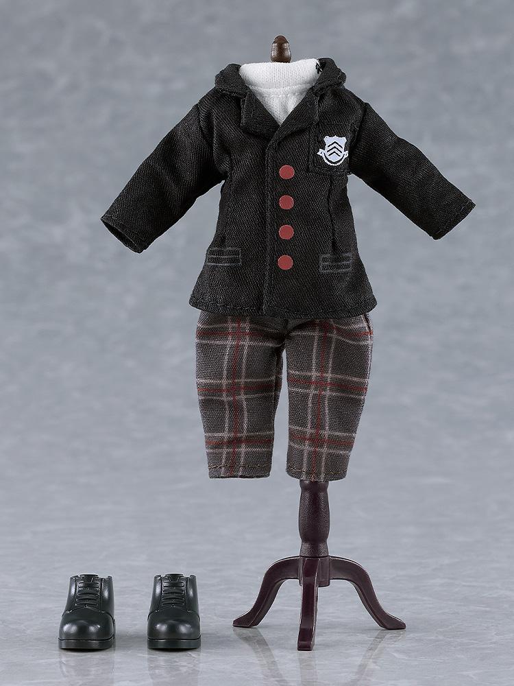 Shujin Academy school uniform cloth outfit displayed on a miniature Nendoroid Doll mannequin stand with magnetic shoes.
