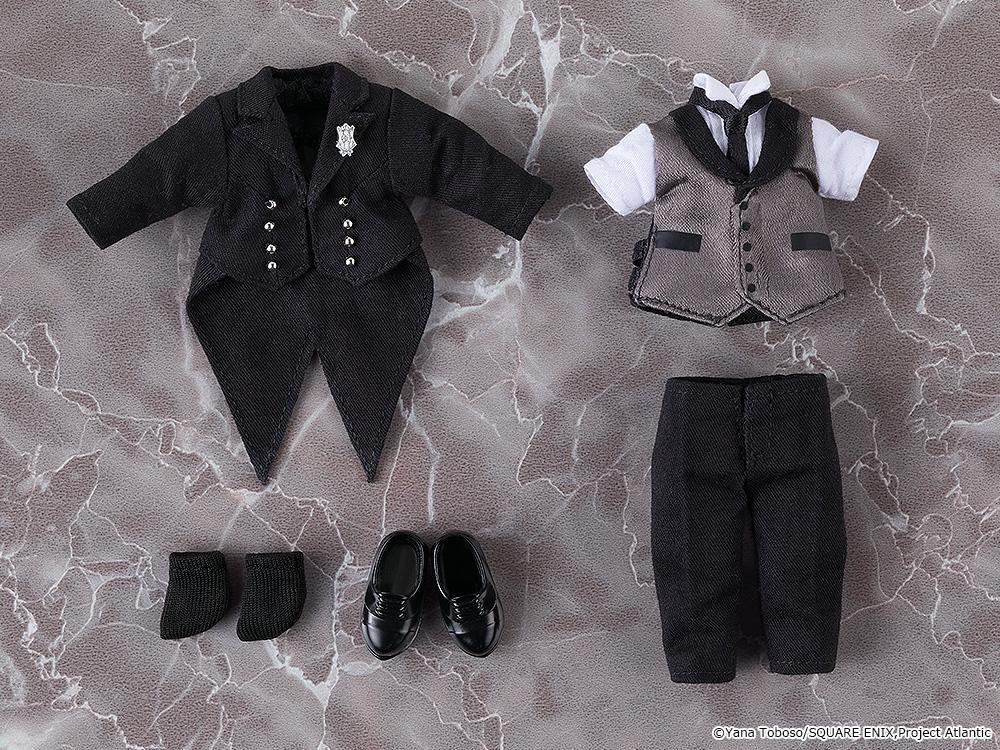 Flat lay breakdown of Sebastian Michaelis Nendoroid Doll outfit pieces including tailcoat, vest with shirt, slacks, socks, and magnetic shoes.