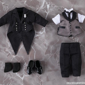 Flat lay breakdown of Sebastian Michaelis Nendoroid Doll outfit pieces including tailcoat, vest with shirt, slacks, socks, and magnetic shoes.