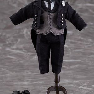 Black Butler Sebastian Michaelis Nendoroid Doll fabric tuxedo outfit displayed on a miniature mannequin stand with shoes.