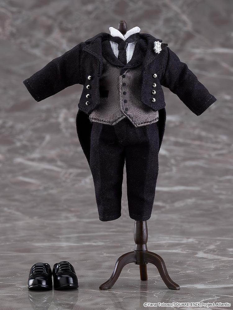 Black Butler Sebastian Michaelis Nendoroid Doll fabric tuxedo outfit displayed on a miniature mannequin stand with shoes.