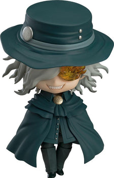 Close-up portrait of the Edmond Dant�s Nendoroid from Fate/Grand Order wearing his signature dark teal hat and cape with a smiling expression.