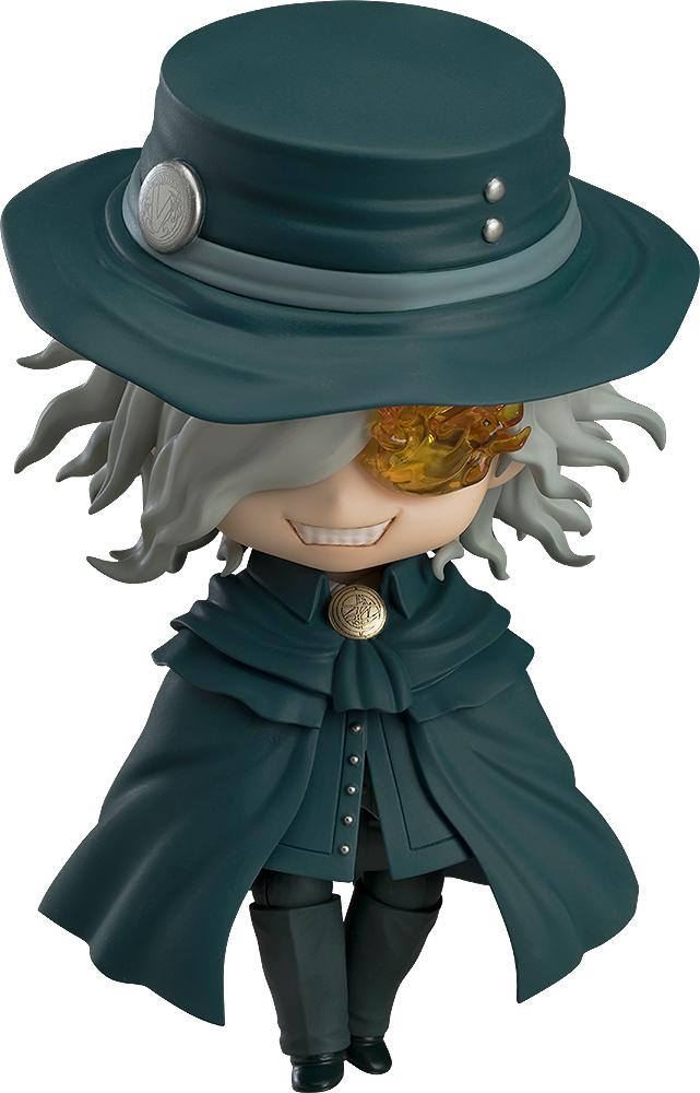 Close-up portrait of the Edmond Dant�s Nendoroid from Fate/Grand Order wearing his signature dark teal hat and cape with a smiling expression.