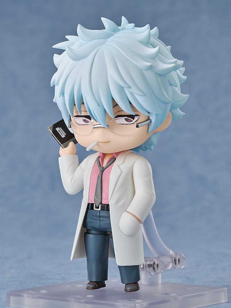 Full-body standing pose of Ginpachi Sakata Nendoroid on a transparent display stand with hand in pocket.