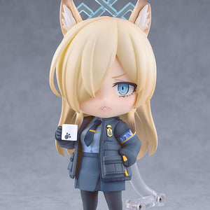 Full-body shot of the Kanna Ogata Nendoroid on a display stand in her Valkyrie Police School director uniform.
