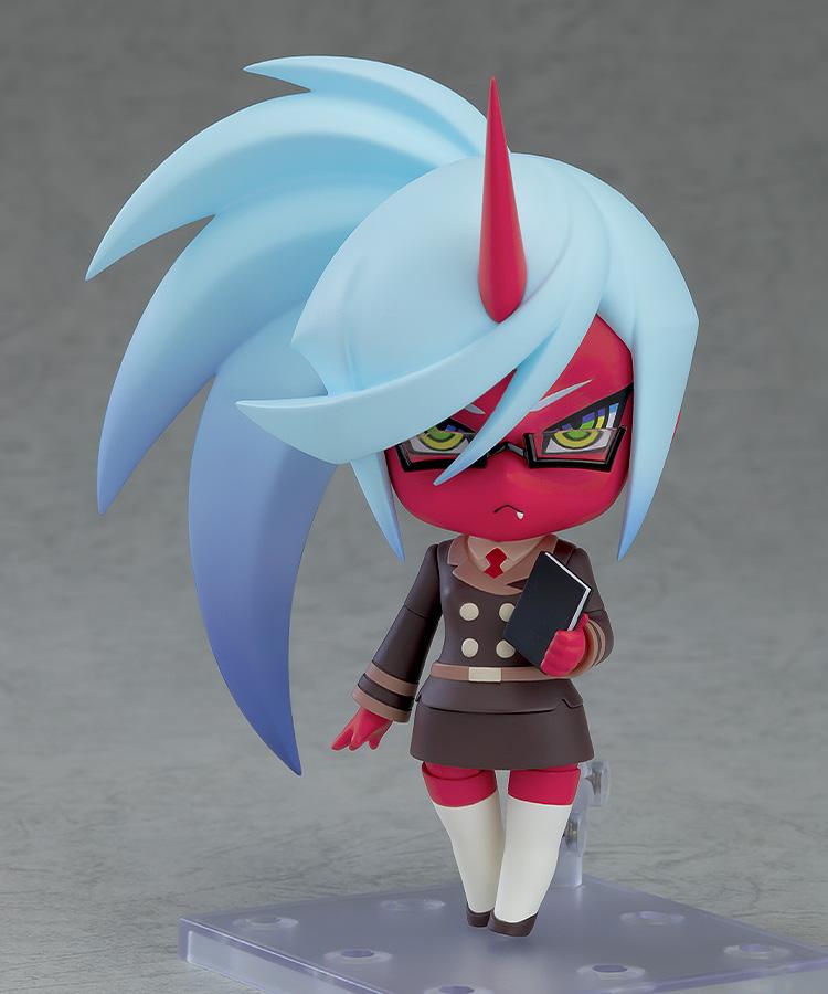 Full body front view of the Kneesocks collectible Nendoroid figure on a clear display base showcasing her sweeping light blue hair and white knee-high socks.