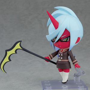 Dynamic side angle pose of the Kneesocks Nendoroid action figure trailing her long scythe weapon behind her on a clear plastic stand.