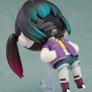 Dynamic pose of the Makina Nendoroid leaning back on her stand, showcasing the pigtail and jacket details.