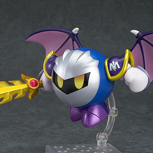 Meta Knight Nendoroid in a flying pose with interchangeable purple bat-like wing parts and his golden sword held out to the side.