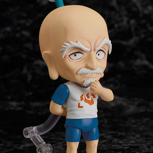 Netero Nendoroid figure utilizing the pondering face plate and stroking his white beard against a dark background.