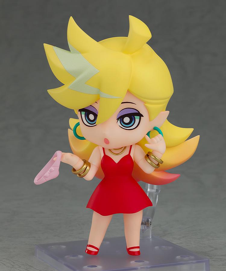 Panty Nendoroid figure utilizing interchangeable hand parts to hold her pink underwear accessory with a curious expression.