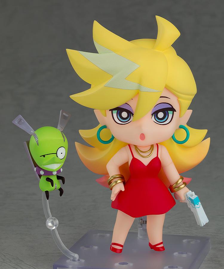 Full body view of the Panty New Ver. Nendoroid collectible action figure on a clear display stand with the green pet creature Chuck.